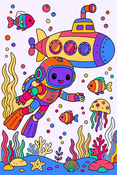 Robot diving underwater beside a submarine with fish and seaweed coloring page