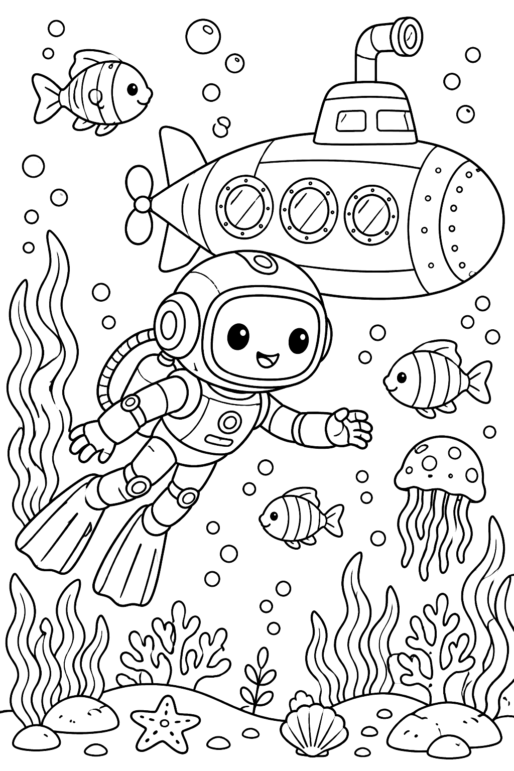 Robot diving underwater beside a submarine with fish and seaweed coloring page