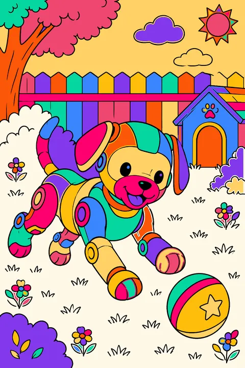 Robot dog playing fetch with a ball in a fenced backyard coloring page