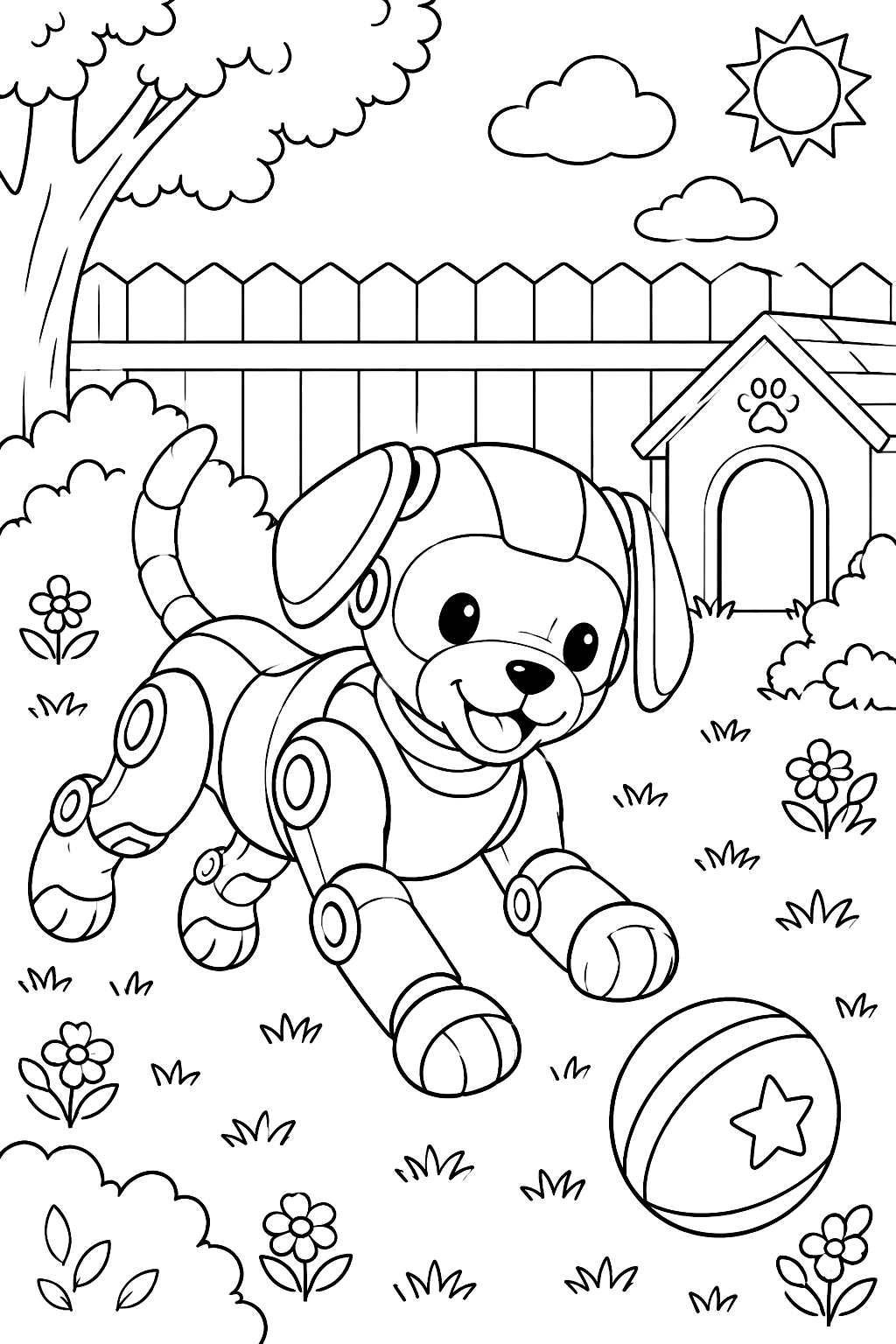 Robot dog playing fetch with a ball in a fenced backyard coloring page