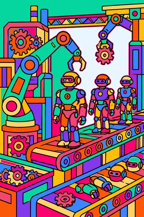 Robot factory with conveyor belts, robotic arms and intricate gear patterns coloring page