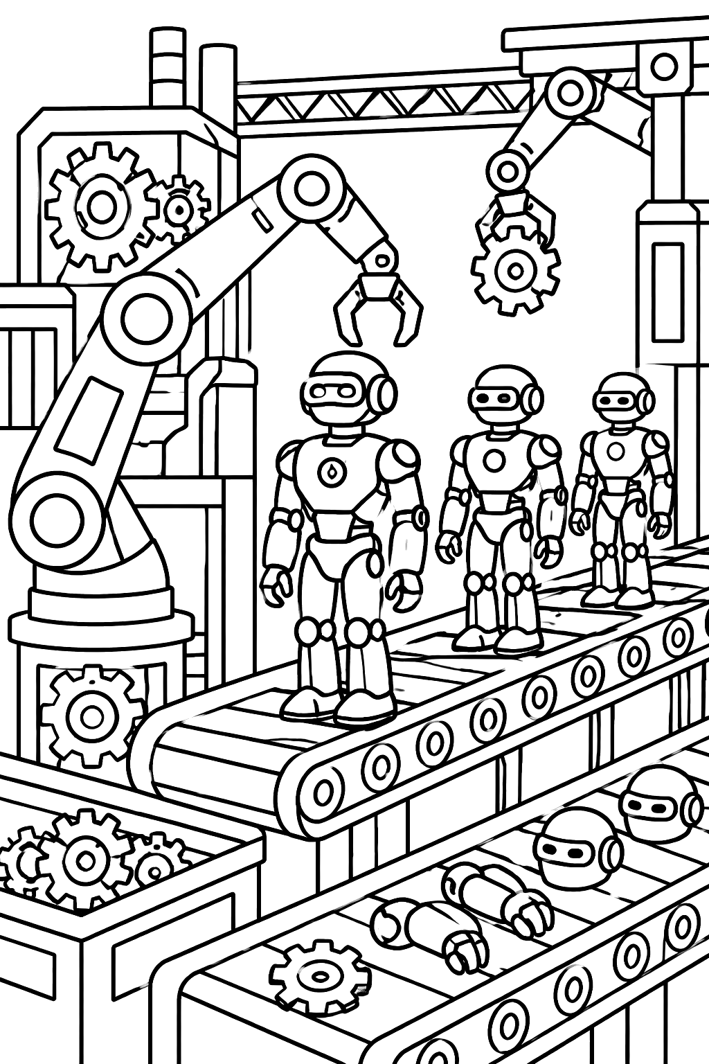Robot factory with conveyor belts, robotic arms and intricate gear patterns coloring page