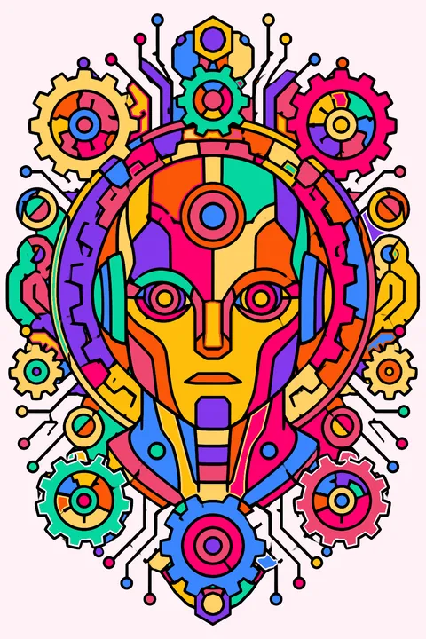 Robot head mandala surrounded by intricate gears, bolts and circuit patterns coloring page
