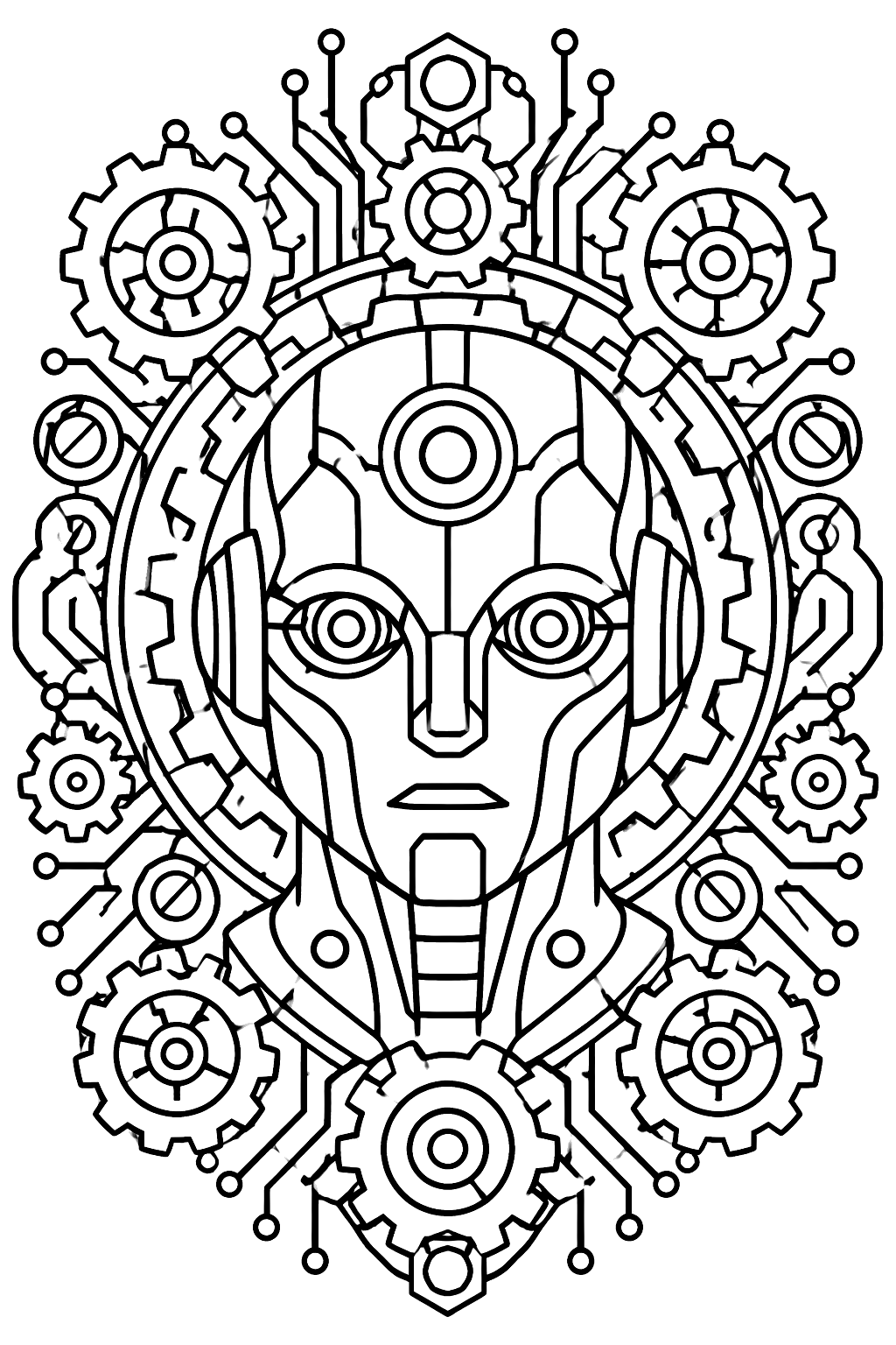 Robot head mandala surrounded by intricate gears, bolts and circuit patterns coloring page