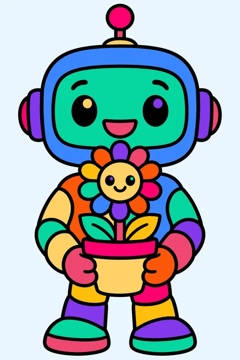 Small robot holding a flower pot with a smiling sunflower coloring page