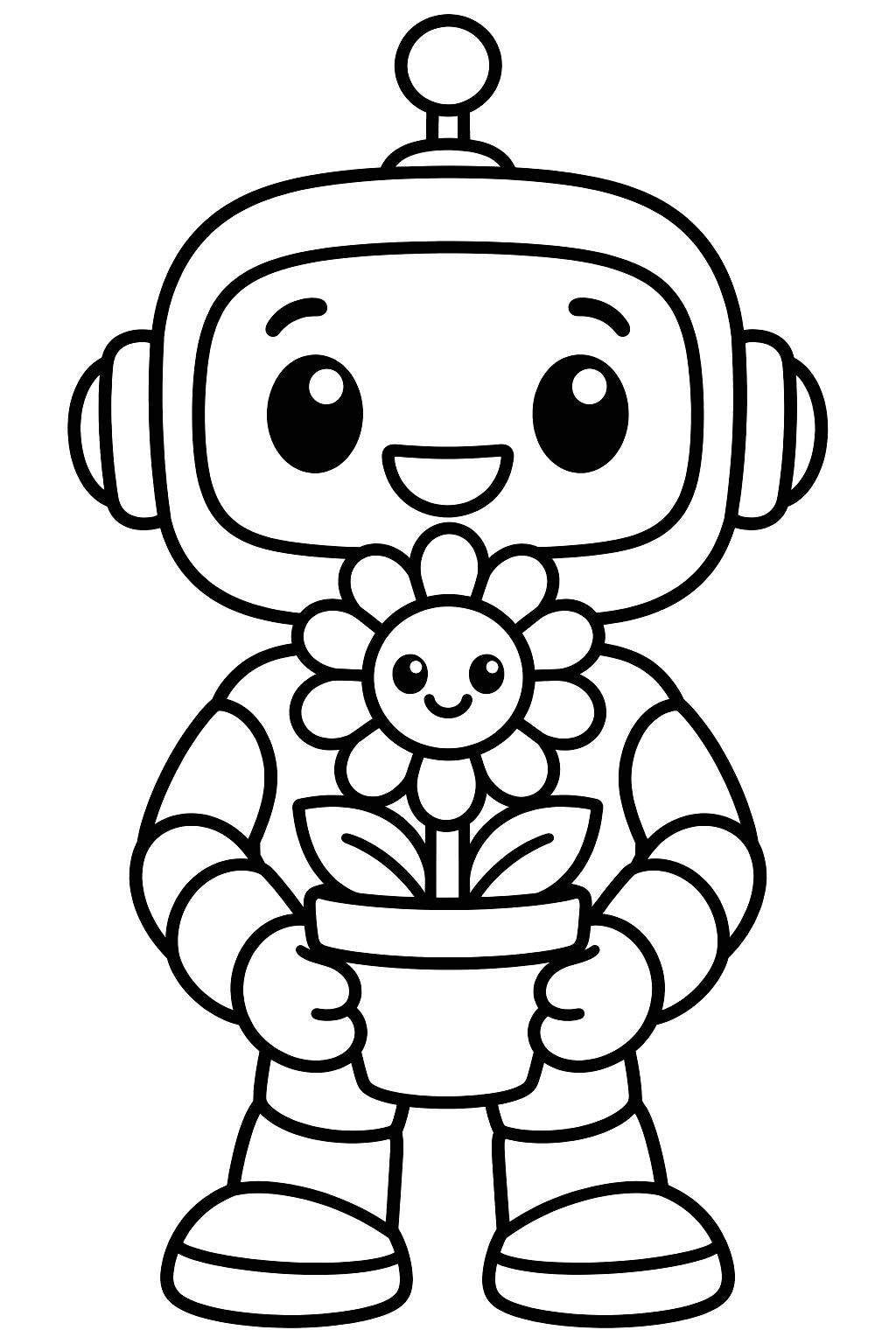 Small robot holding a flower pot with a smiling sunflower coloring page