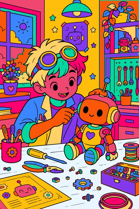 Robot inventor building a little robot friend at a workbench with tools coloring page