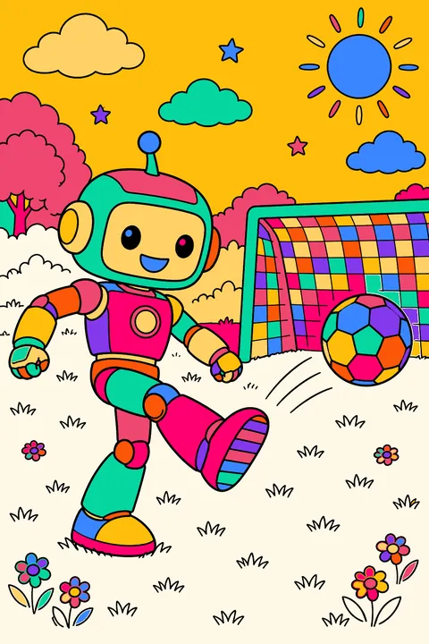 Robot kicking a soccer ball toward a goal net on a grassy field coloring page
