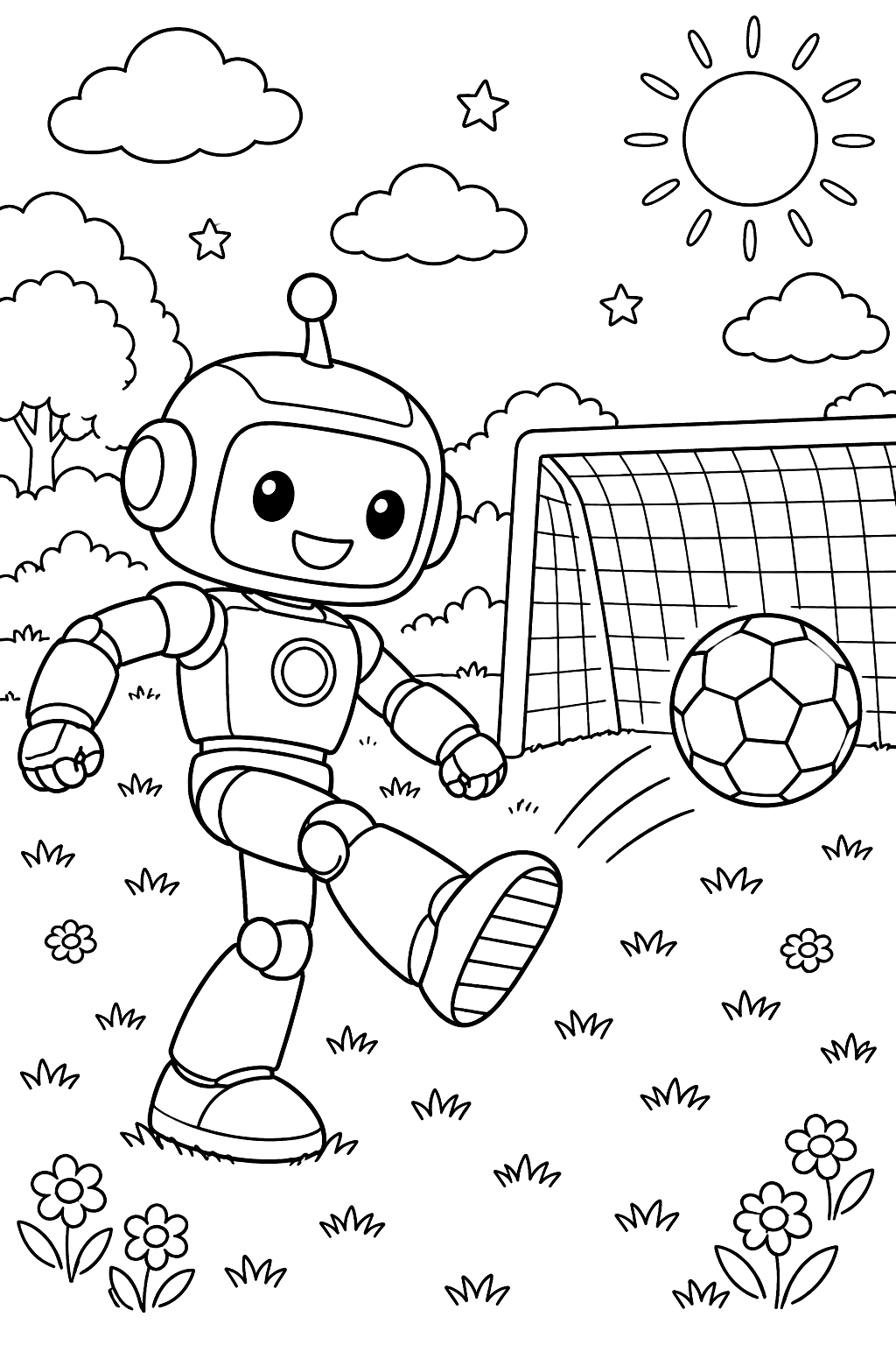 Robot kicking a soccer ball toward a goal net on a grassy field coloring page