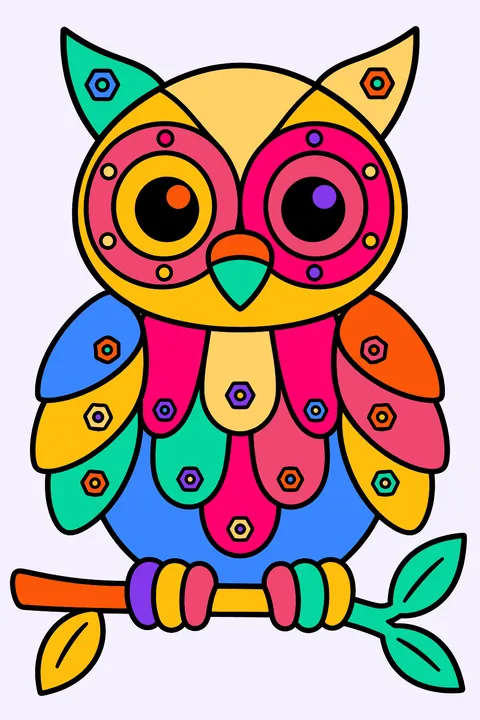Robot owl perched on a branch with bolt feathers and big round eyes coloring page