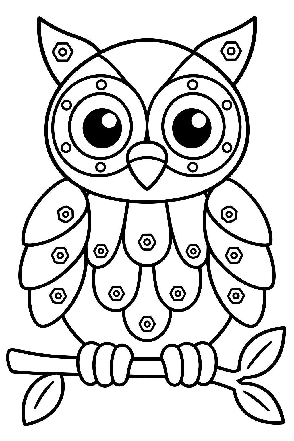 Robot owl perched on a branch with bolt feathers and big round eyes coloring page