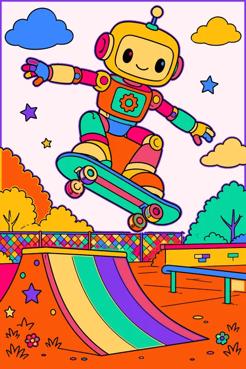 Robot skateboarding at a skate park jumping over a ramp coloring page