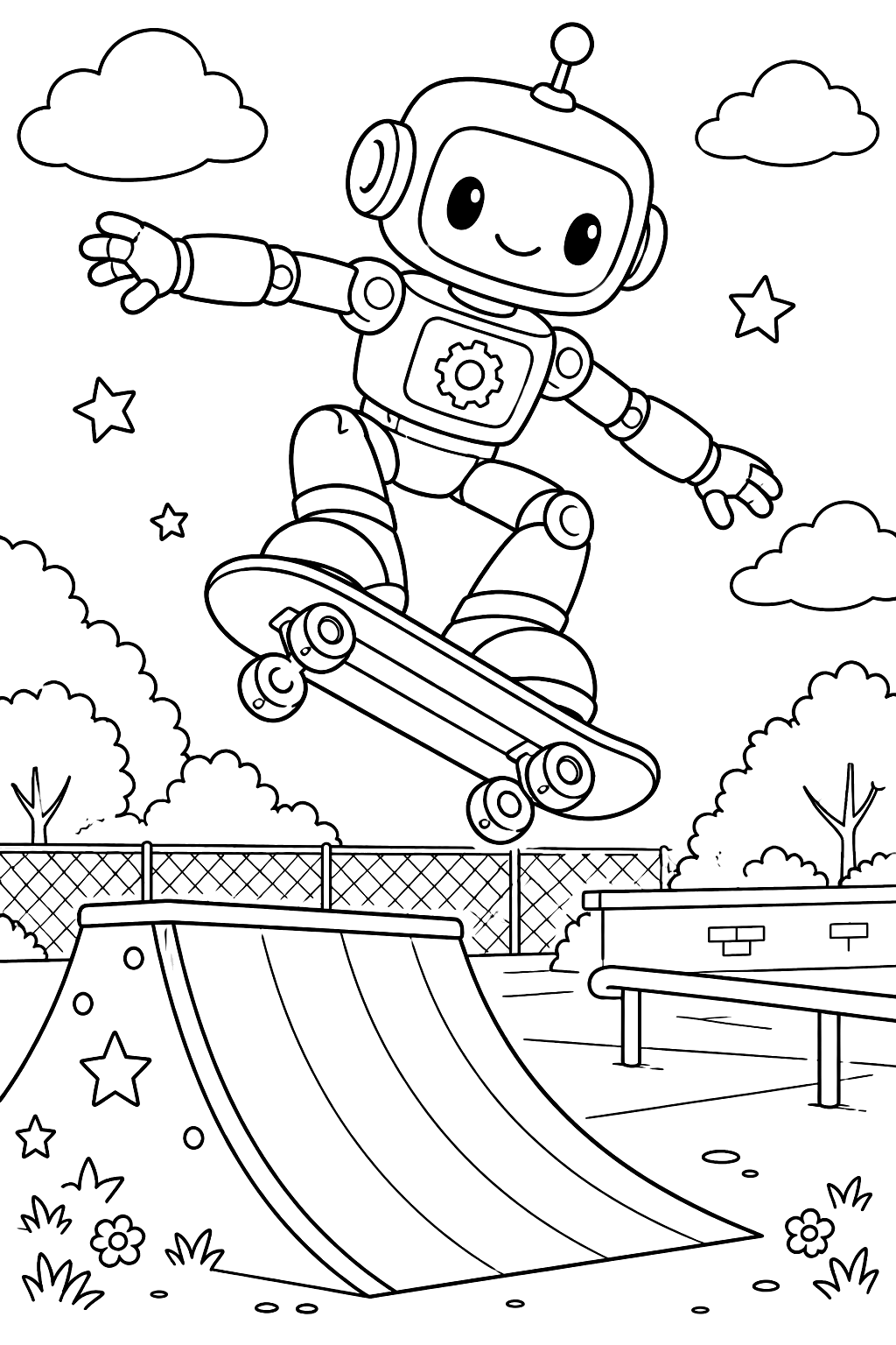Robot skateboarding at a skate park jumping over a ramp coloring page