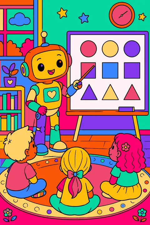 Robot teacher pointing at a chalkboard with circles, squares and triangles coloring page