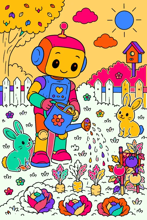 Robot watering a vegetable garden with a watering can and bunnies nearby coloring page