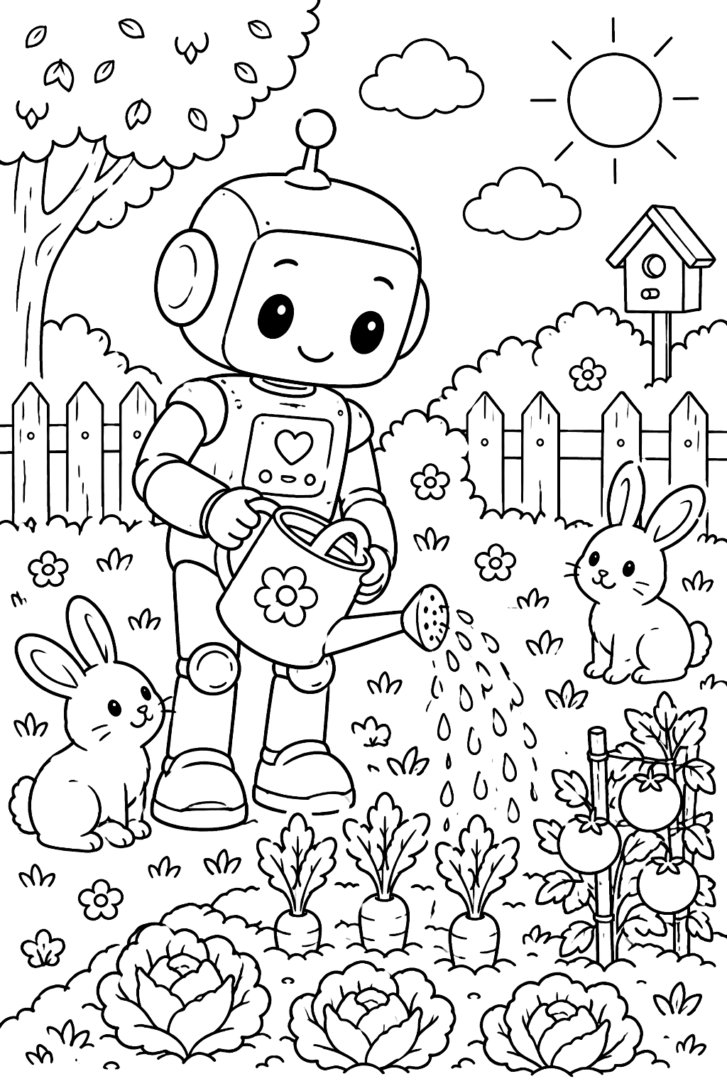 Robot watering a vegetable garden with a watering can and bunnies nearby coloring page