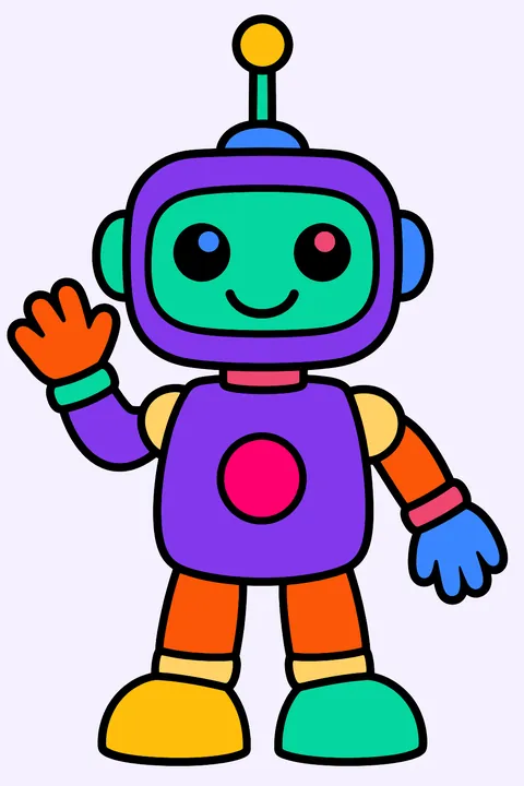 Friendly robot waving hello with a tall antenna and a round button belly coloring page