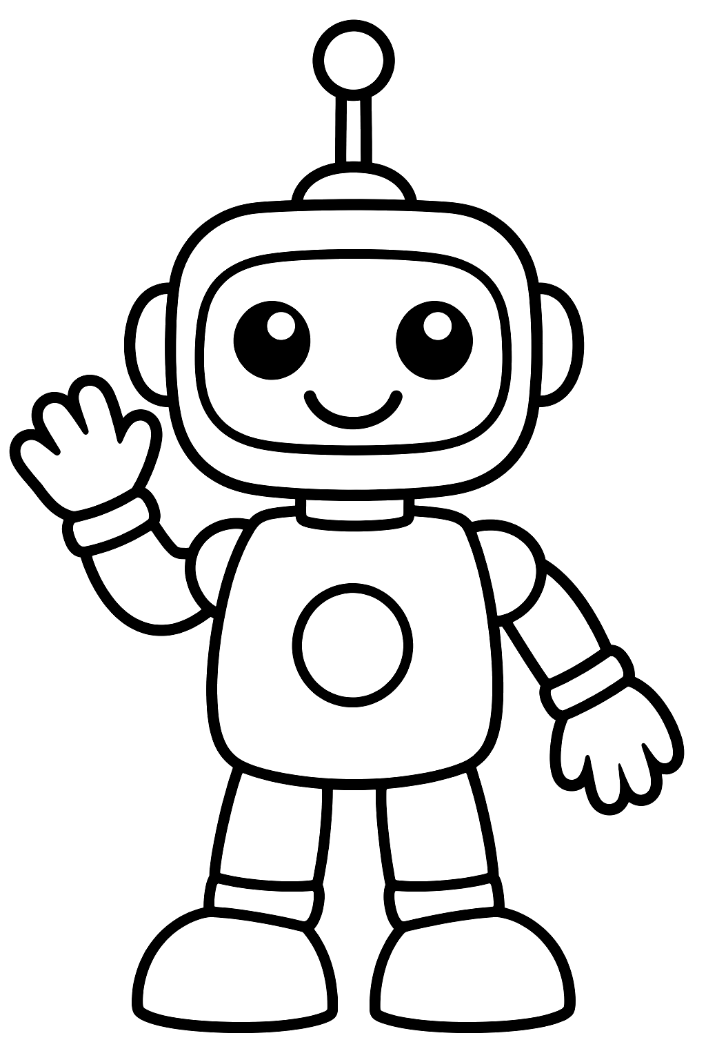 Friendly robot waving hello with a tall antenna and a round button belly coloring page