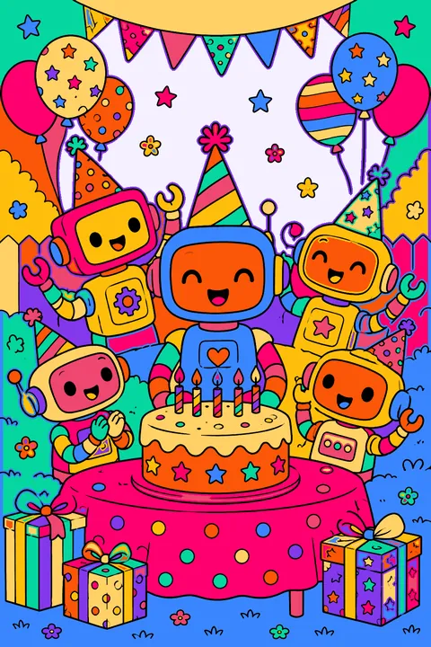 Robots celebrating a birthday party with a cake, balloons and party hats coloring page