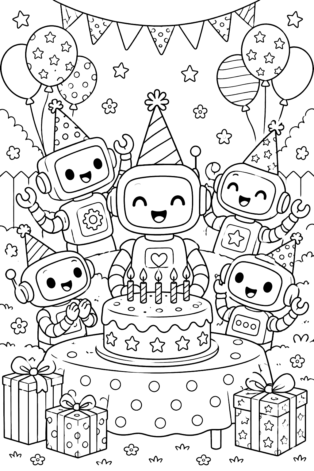 Robots celebrating a birthday party with a cake, balloons and party hats coloring page