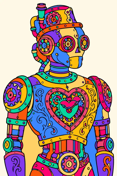 Steampunk robot with ornate gears, rivets, pipes and a clockwork heart coloring page