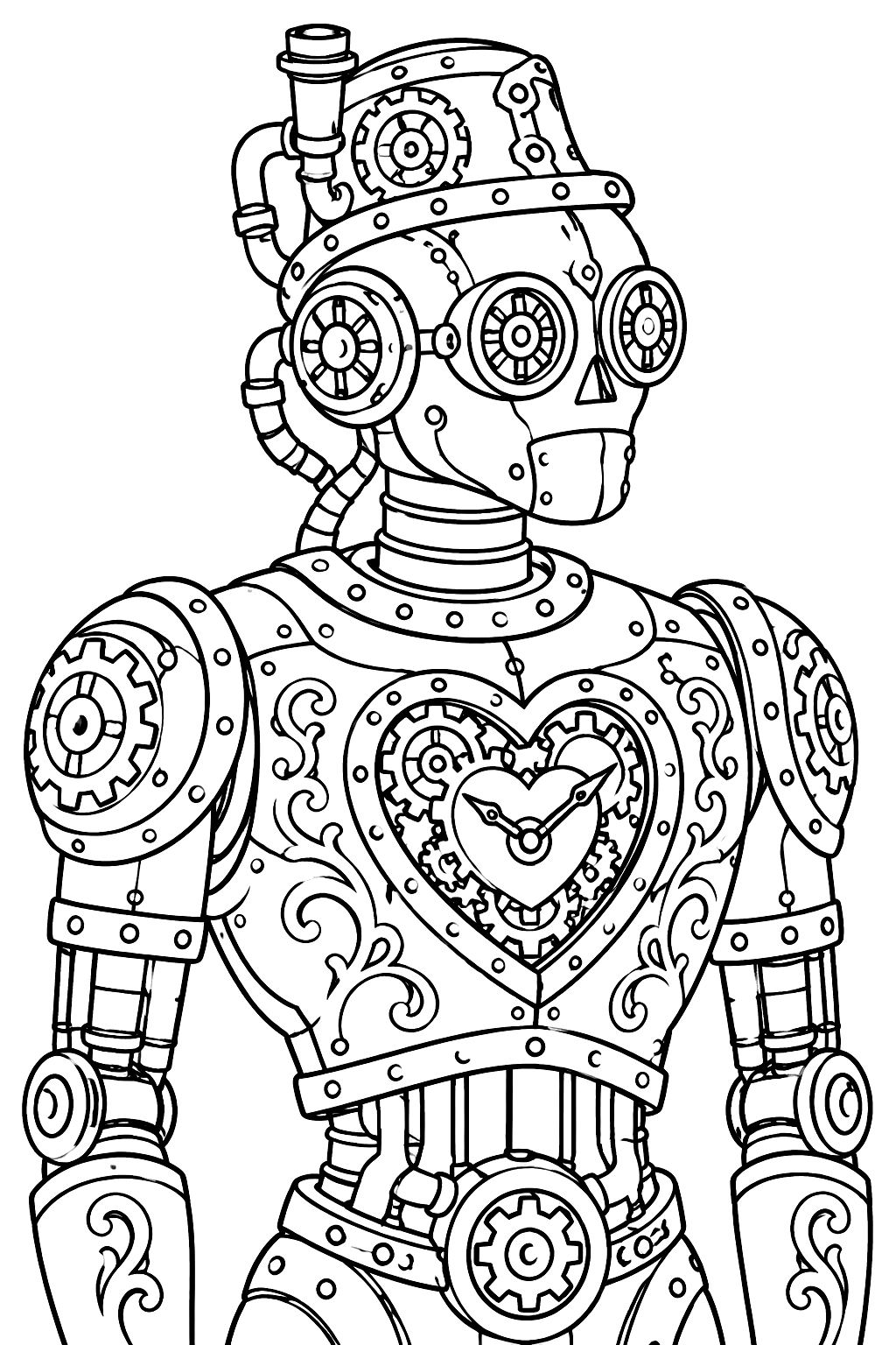 Steampunk robot with ornate gears, rivets, pipes and a clockwork heart coloring page