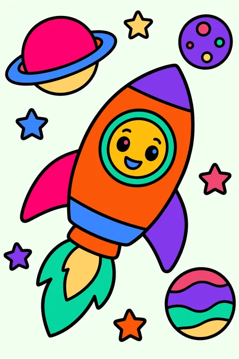 Cartoon rocket flying past planets and stars coloring page