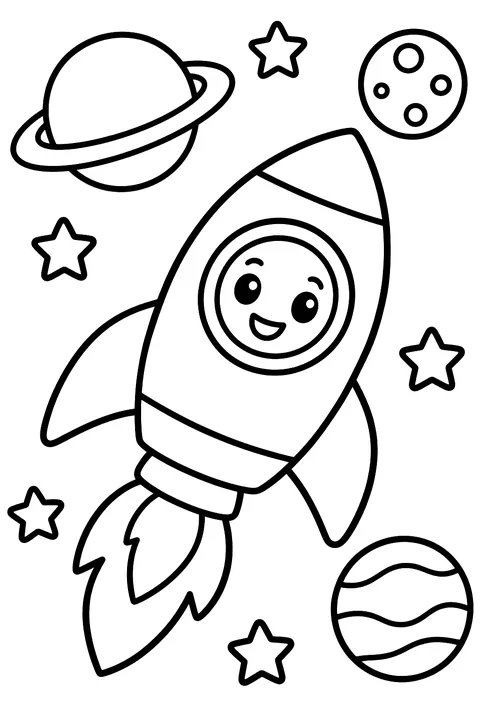 Cartoon rocket flying past planets and stars coloring page