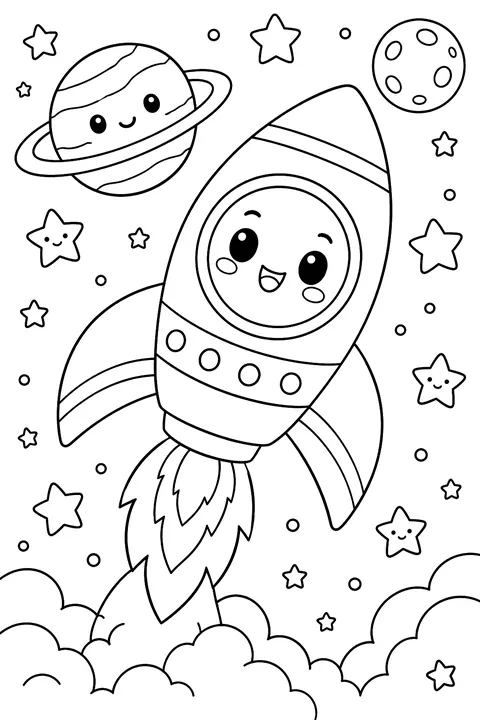 Kawaii rocket with stars coloring page