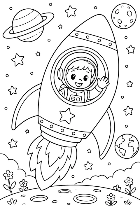 Kid astronaut waving from a rocket window coloring page