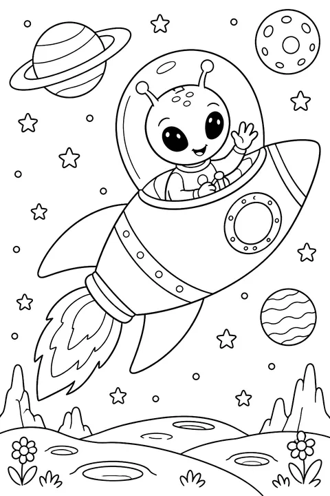 Rocket with an alien passenger coloring page