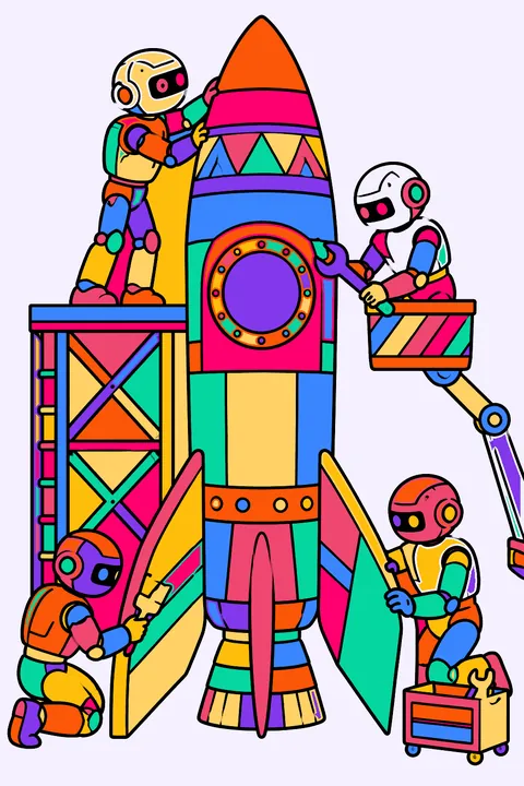 Rocket being built by robots coloring page
