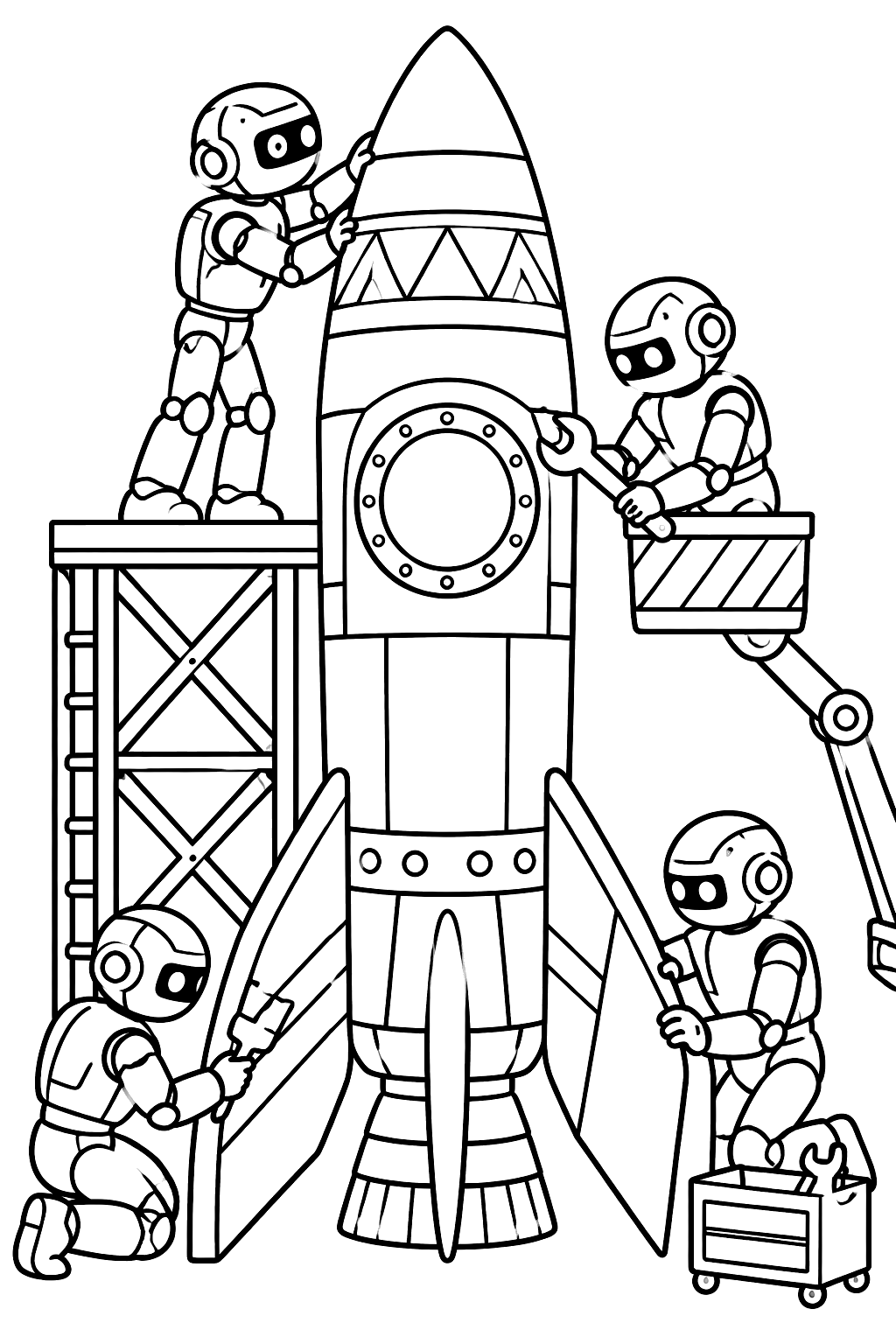 Rocket being built by robots coloring page
