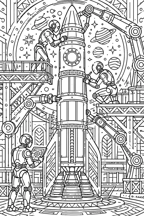 Rocket being built by robots coloring page