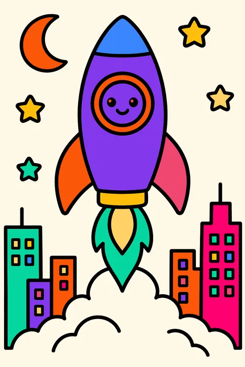 Rocket blasting off from a city at night coloring page