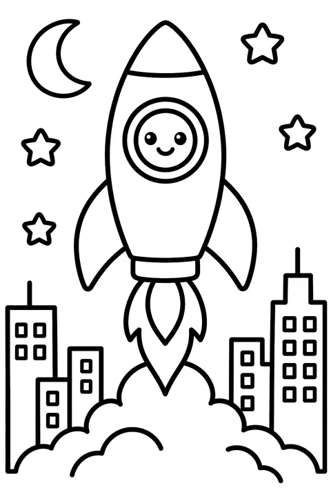 Rocket blasting off from a city at night coloring page