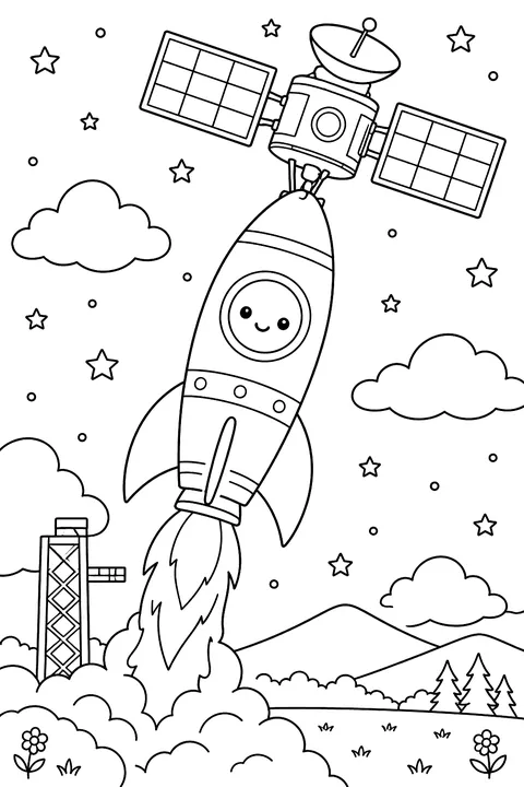 Rocket carrying a satellite coloring page