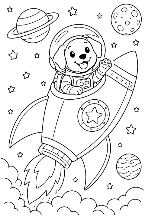 Rocket with a dog astronaut coloring page