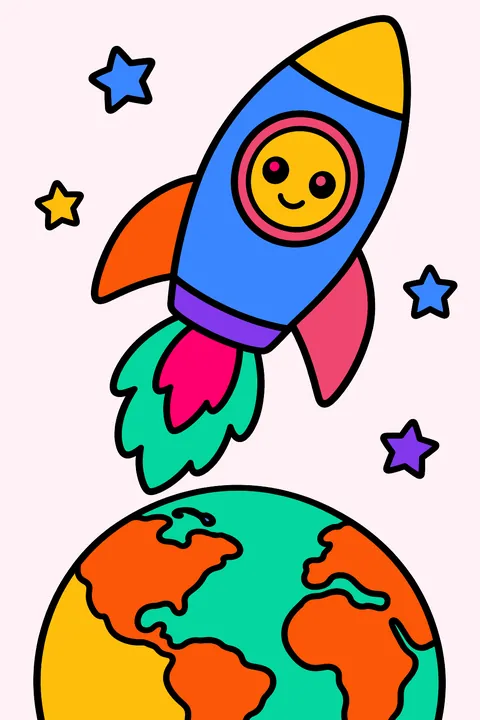Rocket flying over the Earth coloring page