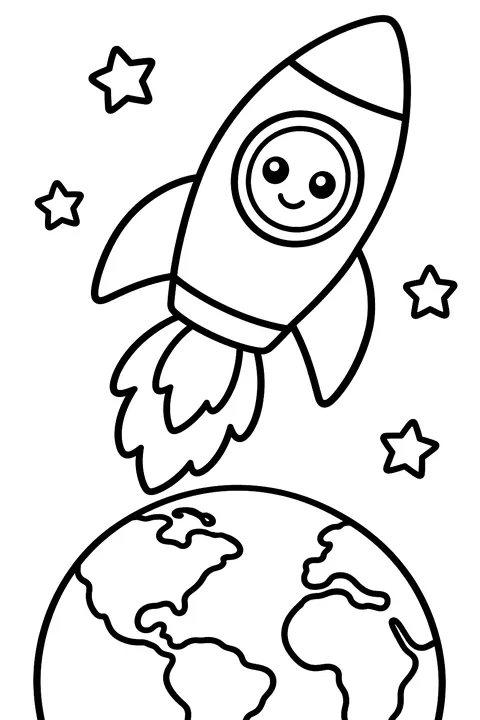 Rocket flying over the Earth coloring page