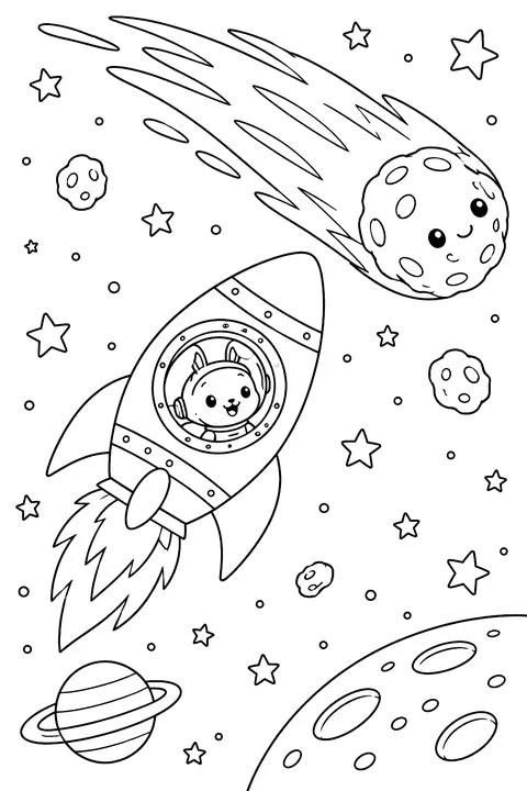 Rocket flying past a comet coloring page