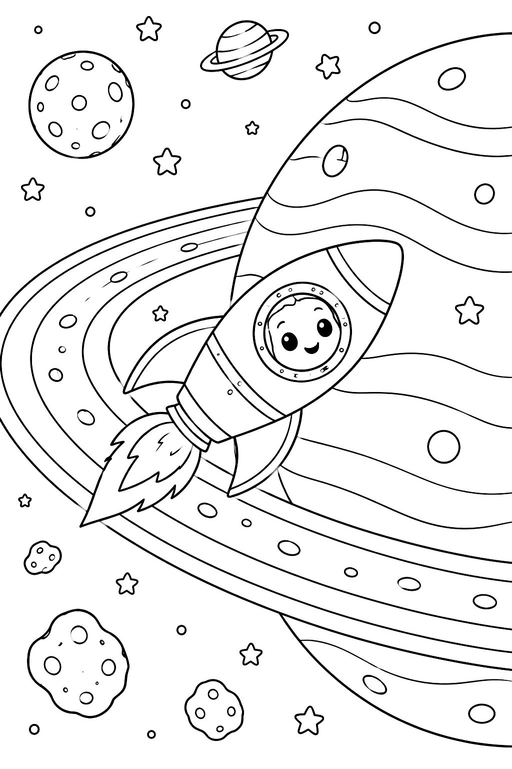 Rocket flying through a ring of a planet coloring page