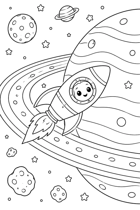 Rocket flying through a ring of a planet coloring page