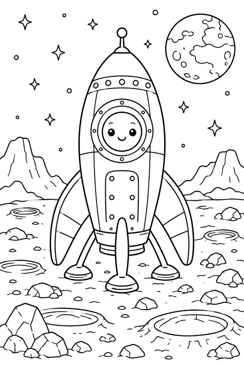 Rocket landing on Mars with rocks and craters coloring page
