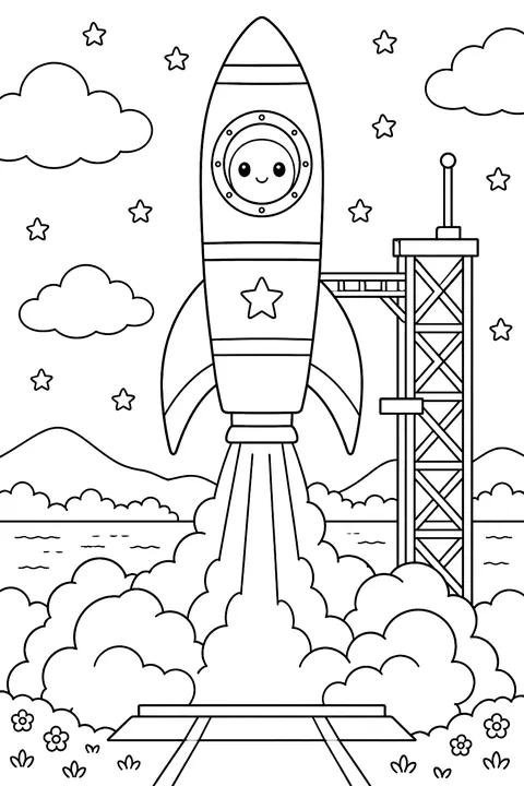Rocket launching from a launch pad with smoke clouds coloring page