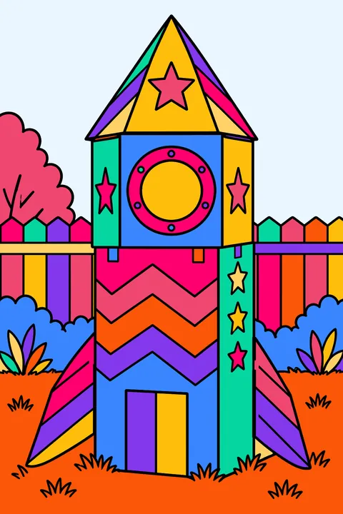 Rocket made of cardboard boxes in a backyard coloring page