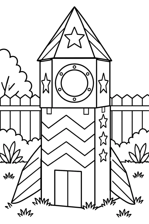 Rocket made of cardboard boxes in a backyard coloring page