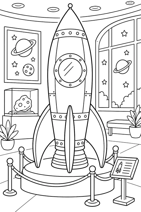 Rocket in a museum display coloring page