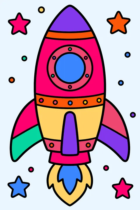 Rocket with panels, rivets and starfield coloring page