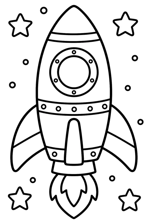 Rocket with panels, rivets and starfield coloring page